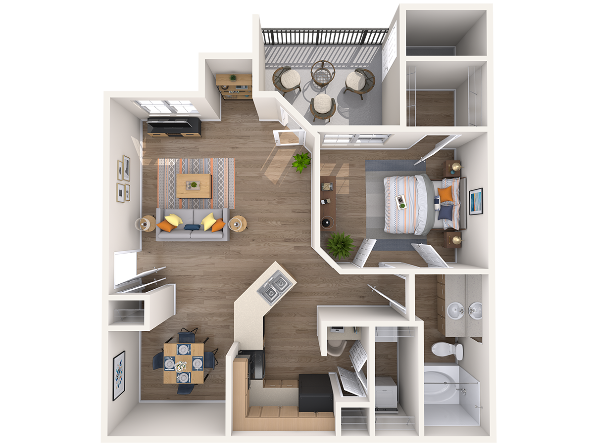 Floor plan for 1 bed, 1 bath, 782 sqft